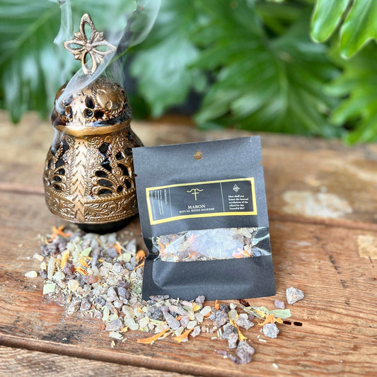 Welcome the season of Mabon with our Mabon | Fall Equinox Ritual Resin Incense. This harmonious blend features resins of benzoin, frankincense, and myrrh, intertwined with botanicals of marigold, oak, and rosemary. Crafted to align with the energies of balance and reflection, this resin incense enhances your Mabon rituals with a warm and aromatic experience. Ignite the essence of the equinox with this carefully curated blend.