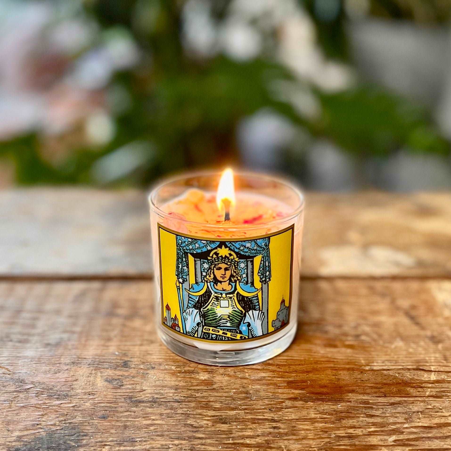 6 oz Natural GMM-Free Soy Wax The Chariot Tarot Candle for Determination, Victory, and Aromatherapy with Organic Sandalwood, Fir, and Frankincense Essential Oils and Amethyst Crystal