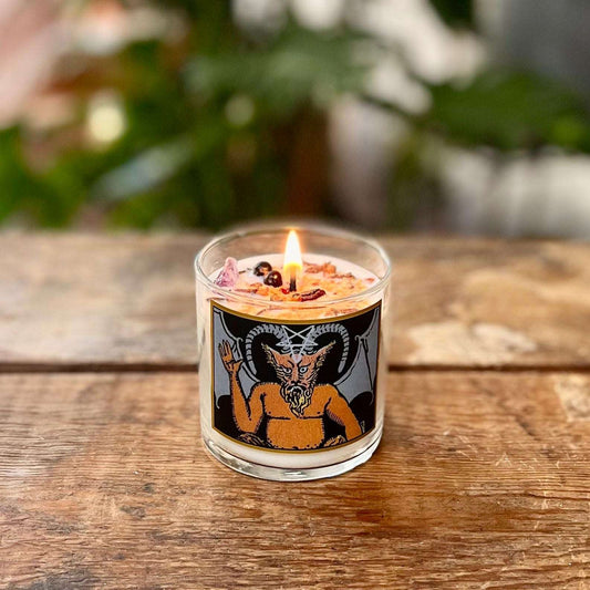6 oz Natural GMM-Free Soy Wax The Devil Tarot Candle for Strength, Resilience, and Aromatherapy with Organic Orange, Cedar, Pine Essential Oils and Amethyst Crystal