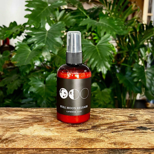 4 oz Full Moon Release Room and Body Mist Spray infused with a Full Moon-Charged Crystal and Organic Essential Oils of Lavender and Sage for Tranquil Atmosphere and Uplifted Senses.