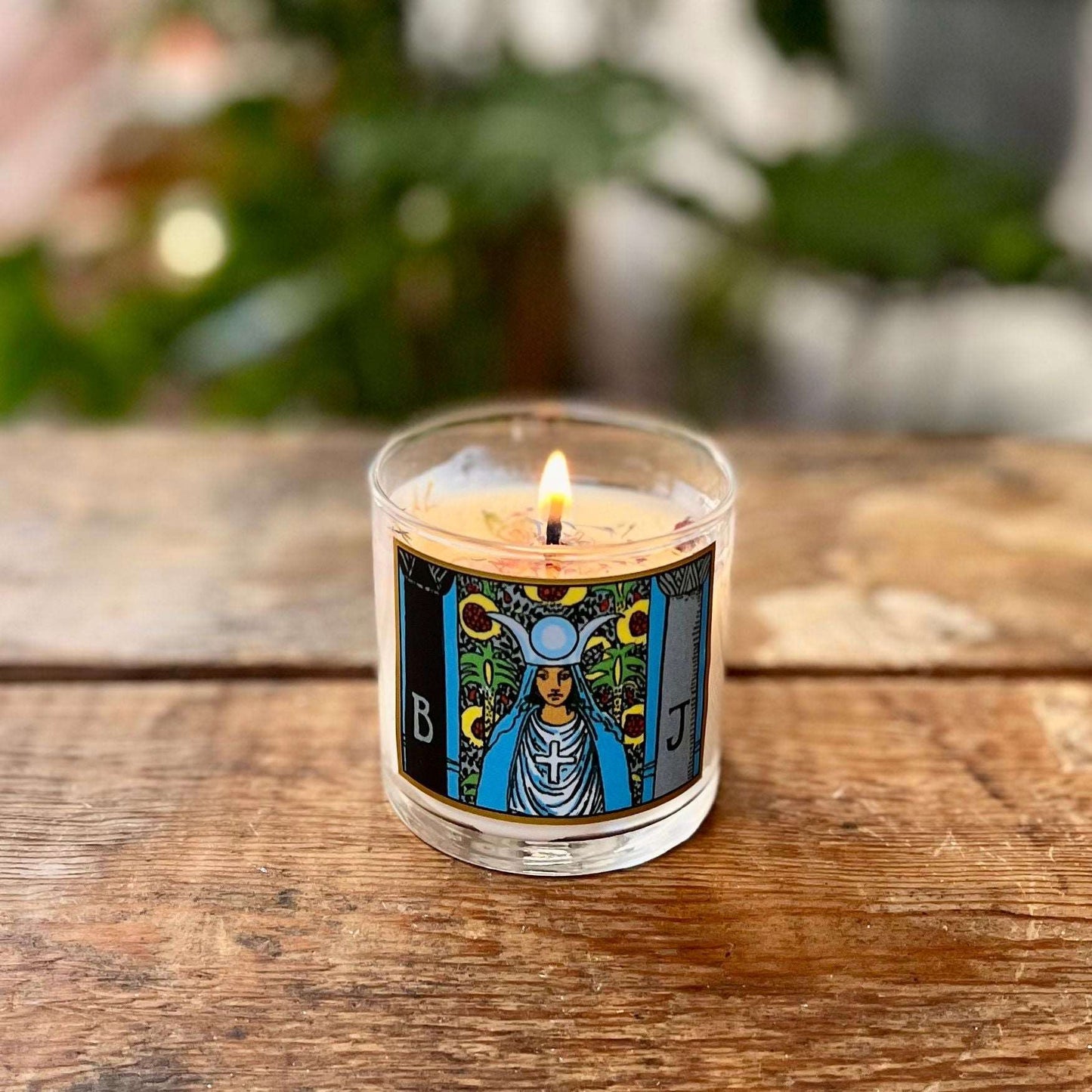 6 oz Natural GMM-Free Soy Wax The High Priestess Tarot Candle for Intuition, Wisdom, and Aromatherapy with Organic Lemongrass, Eucalyptus, Sage Essential Oils, and Amethyst Crystal