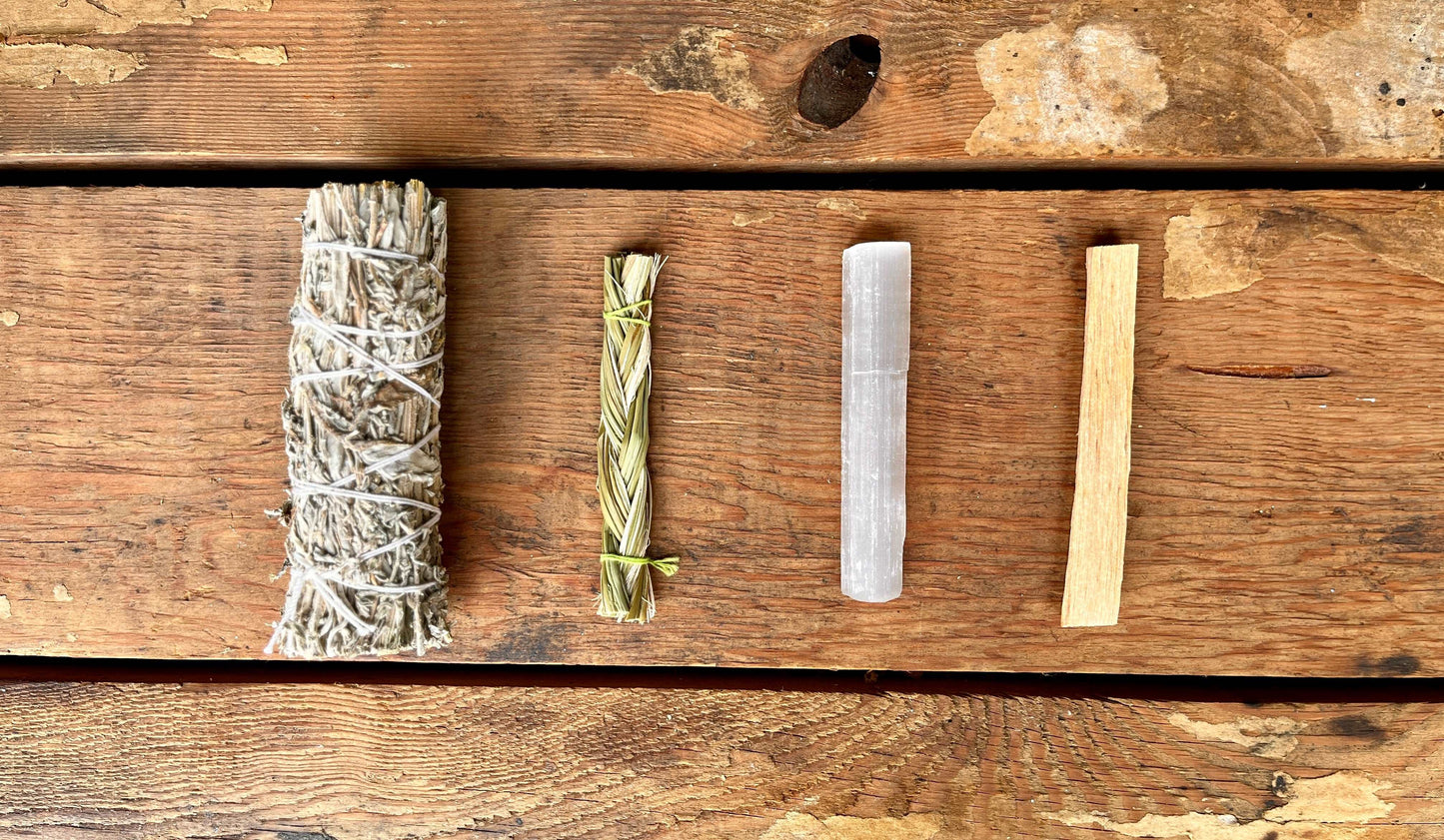 Sacred Ritual Bundle - Ritual Smoke, Featuring Blue Sage, Sweetgrass Braid, Palo Santo, and Selenite Stick. Benefits include Purification, Clearing Energy, and Enhancing Rituals and Ceremonies.