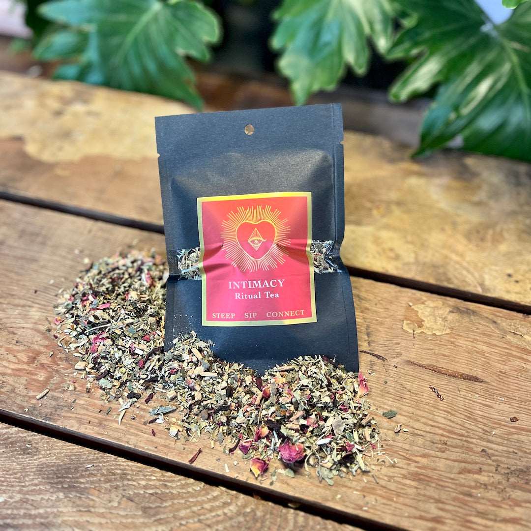 Awaken the senses with our Intimacy Ritual Tea. This organic blend features ashwagandha, hibiscus, damiana, rose, horny goat weed, lemon balm, linden leaf and flower, and wood betony. Crafted to enhance connection and intimacy, this aromatic tea invites a sensual and rejuvenating experience during your intimate rituals. Elevate your moments with this thoughtfully blended infusion.