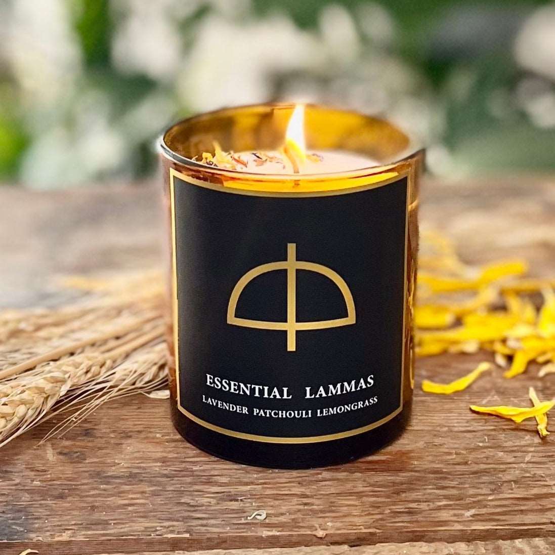 8.5 oz Natural GMM-Free Soy Wax Lammas | Essential Candle for Harvest Celebrations, Tranquility, and Earthy Aromas with Organic Lavender, Patchouli, Lemongrass Essential Oils, and Amethyst Crystal