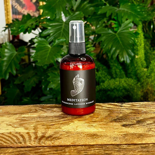 4 oz Meditation Body Mist with Organic Essential Oils of Frankincense, Lavender, and Rosemary, Infused with a Crystal for Serene Mindfulness and Aromatherapy Bliss