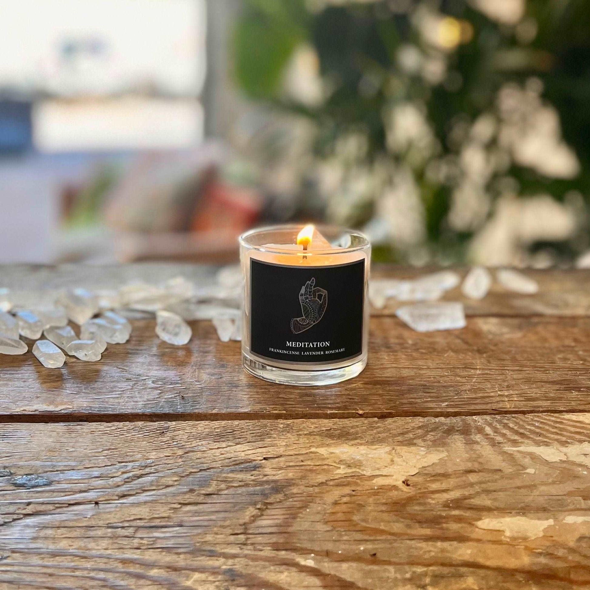 6 oz Natural GMM-Free Soy Wax Meditation Candle for Inner Peace, Tranquility, and Mindful Relaxation with Organic Frankincense, Lavender, and Rosemary Essential Oils and Clear Quartz Crystal