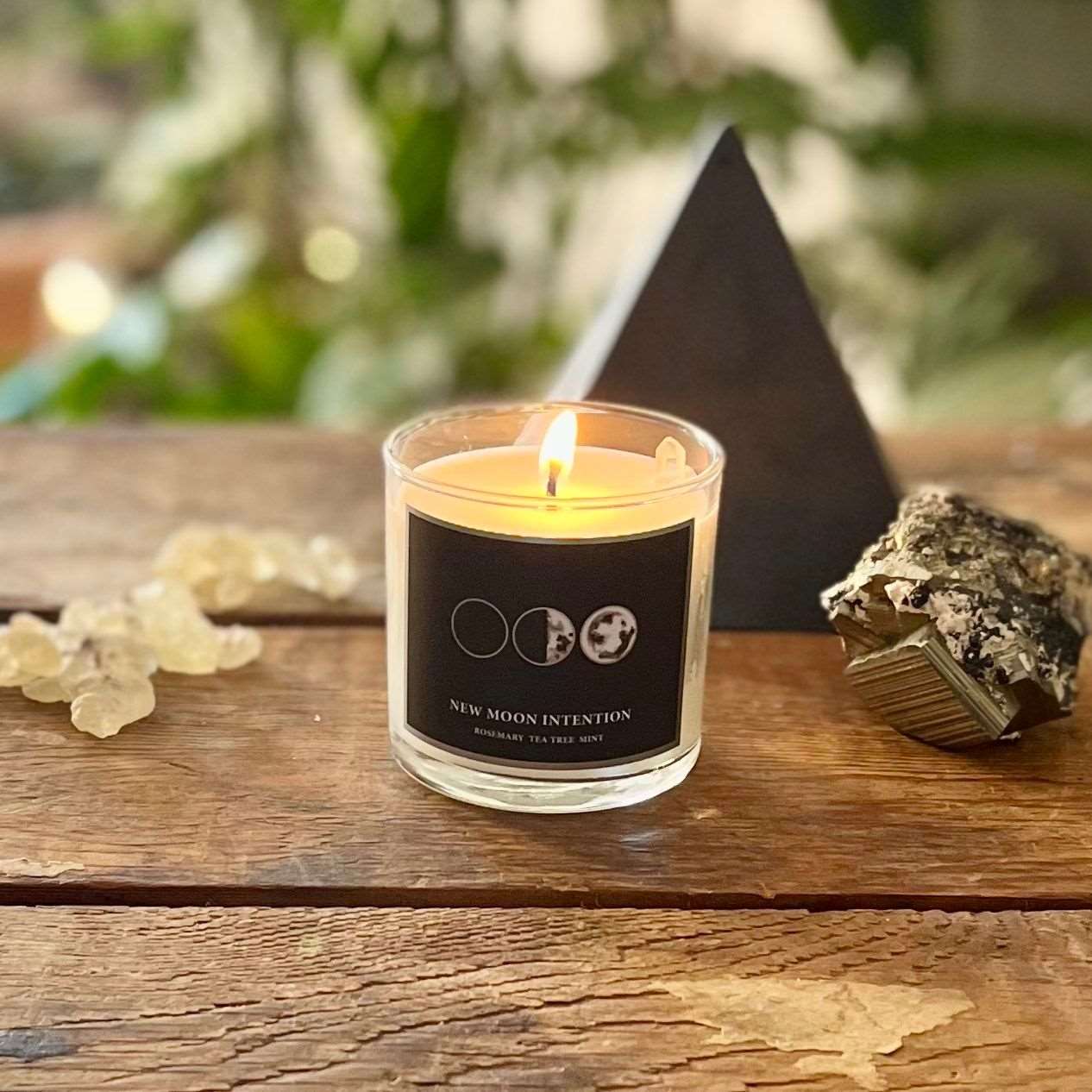 6 oz Natural GMM-Free Soy Wax New Moon Intention Candle for Fresh Beginnings, Clarity, and Renewed Energy with Organic Rosemary, Tea Tree, and Mint Essential Oils and Clear Quartz Crystal