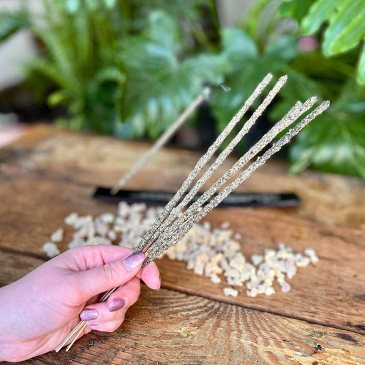 Elevate your ritual experience with our Resin Stick Incense. Each pack contains 6 sticks, crafted to deliver the rich and sacred fragrance of resin during your spiritual practices. Immerse yourself in the enchanting aroma as you embark on a journey of heightened awareness and tranquility.