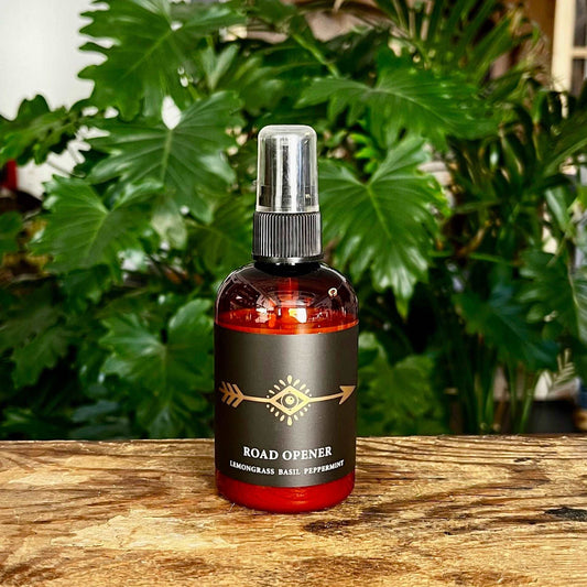4 oz Road Opener Body Mist with Organic Essential Oils of Lemongrass, Basil, and Peppermint, Infused with a Crystal for Fresh Beginnings and Clarity