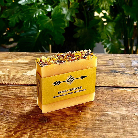 Handmade Cold Pressed Goat's Milk Soap with Local Colorado Goat's Milk - Road Opener Soap with Organic Essential Oils of Lemongrass, Basil, and Peppermint for Fresh Beginnings and Clarity, Topped with Organic Floral Botanicals