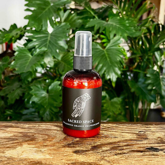 4 oz Sacred Space Body Mist with Organic Essential Oils of Eucalyptus, Orange, and Frankincense, Infused with a Crystal for Serenity and Spiritual Connection
