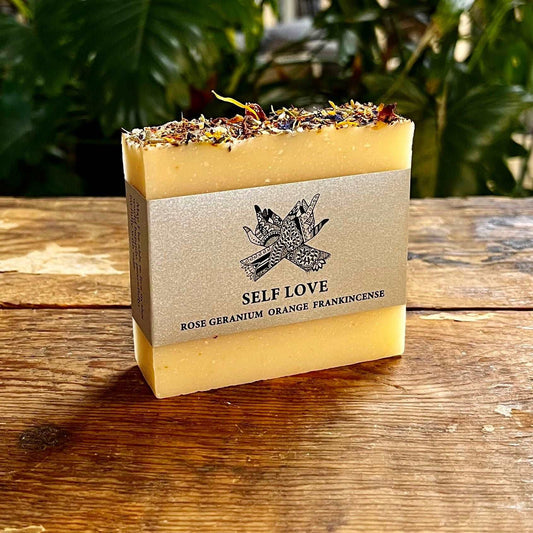 Handmade Cold Pressed Goat's Milk Soap with Local Colorado Goat's Milk - Self Love Soap with Organic Essential Oils of Rose Geranium, Orange, and Frankincense for Nurturing and Positivity, Topped with Organic Floral Botanicals