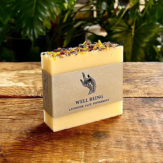 Handmade Cold Pressed Goat's Milk Soap with Local Colorado Goat's Milk - Well Being Soap with Organic Essential Oils of Lavender, Sage, and Peppermint for Relaxation and Uplifted Spirits, Topped with Organic Floral Botanicals