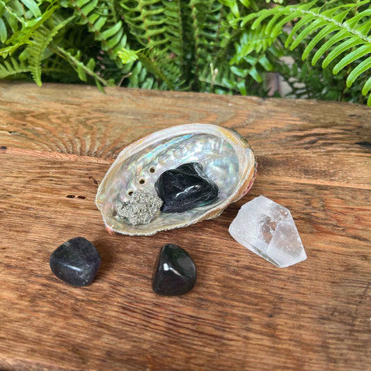 Protection Crystal Kit - Shield yourself with Shungite, Black Tourmaline, Clear Quartz, Pyrite, Fluorite, and an Evil Eye charm. Embrace a fortified sense of security and well-being.