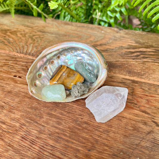 Money Crystal Kit - Attract abundance with Tiger's Eye, Green Aventurine, Pyrite, Clear Quartz, and Prehnite. Elevate your prosperity mindset and manifest financial growth.