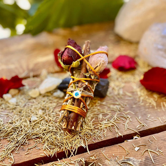 Sacred Protection Ritual Bundle - Protection, Featuring Thorny Branch, Rusty Nail, Blue Sage, Rosemary, Rose, Evil Eye Talisman, and Protection Bundle Ritual Booklet. Benefits include Warding Off Negative Energy, Enhancing Security, and Promoting Positive Energies