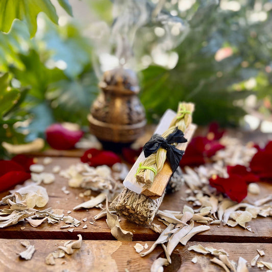Sacred Ritual Bundle - Ritual Smoke, Featuring Blue Sage, Sweetgrass Braid, Palo Santo, and Selenite Stick. Benefits include Purification, Clearing Energy, and Enhancing Rituals and Ceremonies.